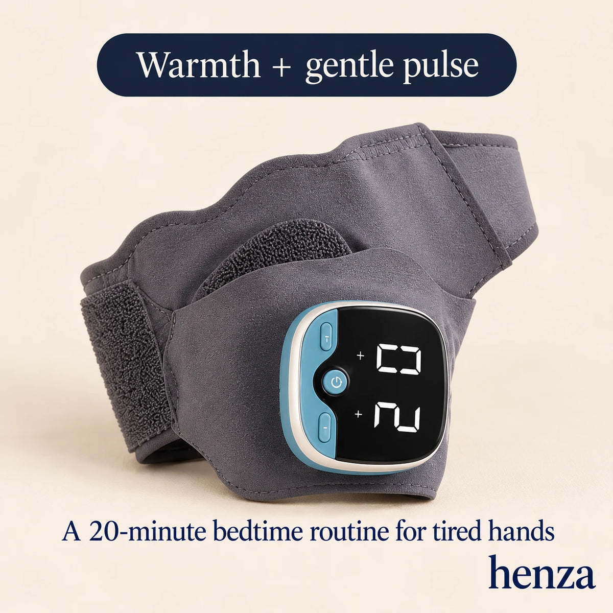 Henza heated wrist wrap with its controller, warmth plus gentle pulse