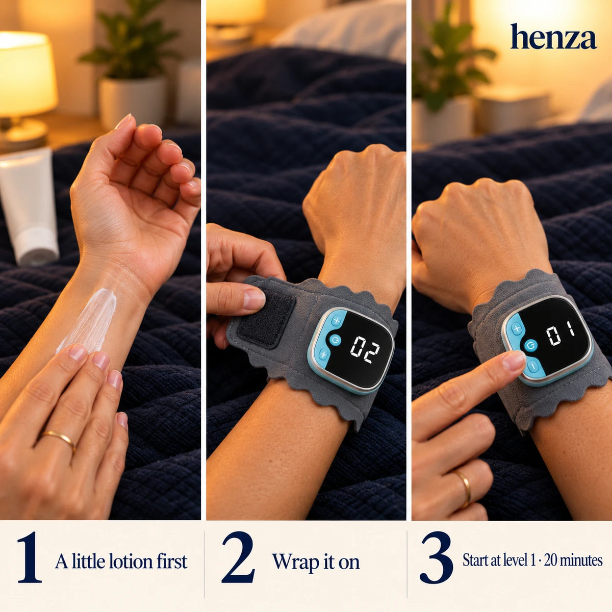 How to use it in three steps: lotion, wrap it on, start at level 1 for 20 minutes