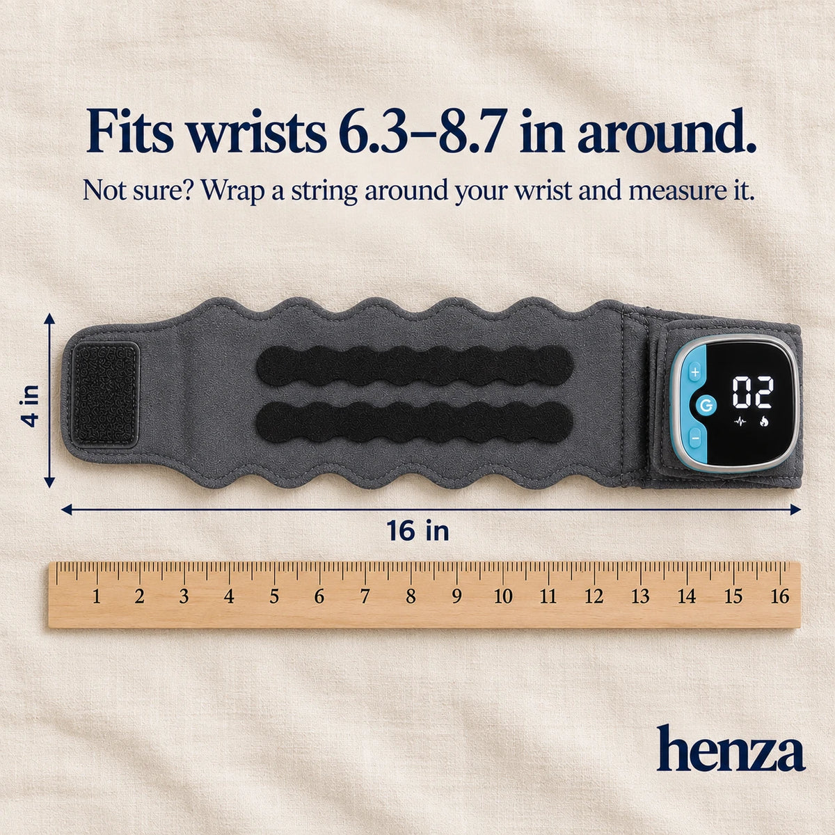 The wrap laid flat on a ruler, 16 by 4 inches, fits wrists 6.3 to 8.7 inches
