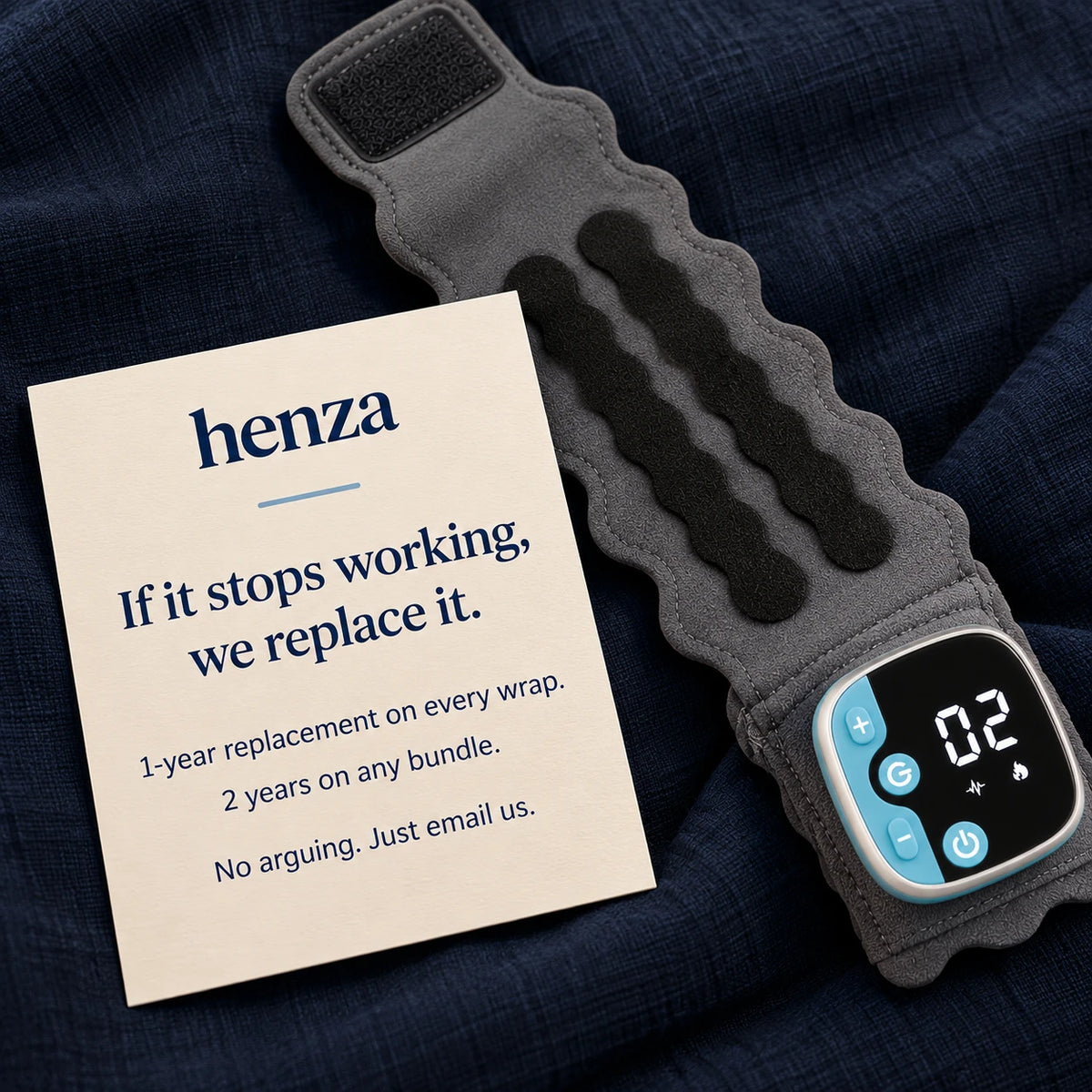 Henza replacement promise card: if it stops working, we replace it